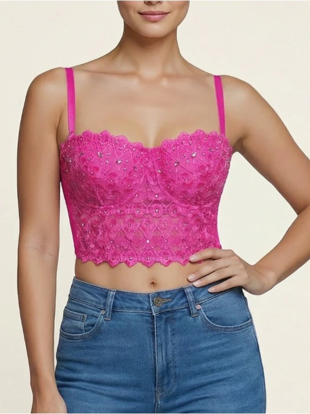 Windsor Pink Lace Corset Bustier Top Rhinestone Y2K Party Crop